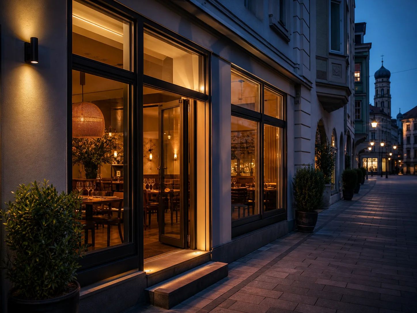Beleuchteter Eingang eines lokalen Restaurants am Abend